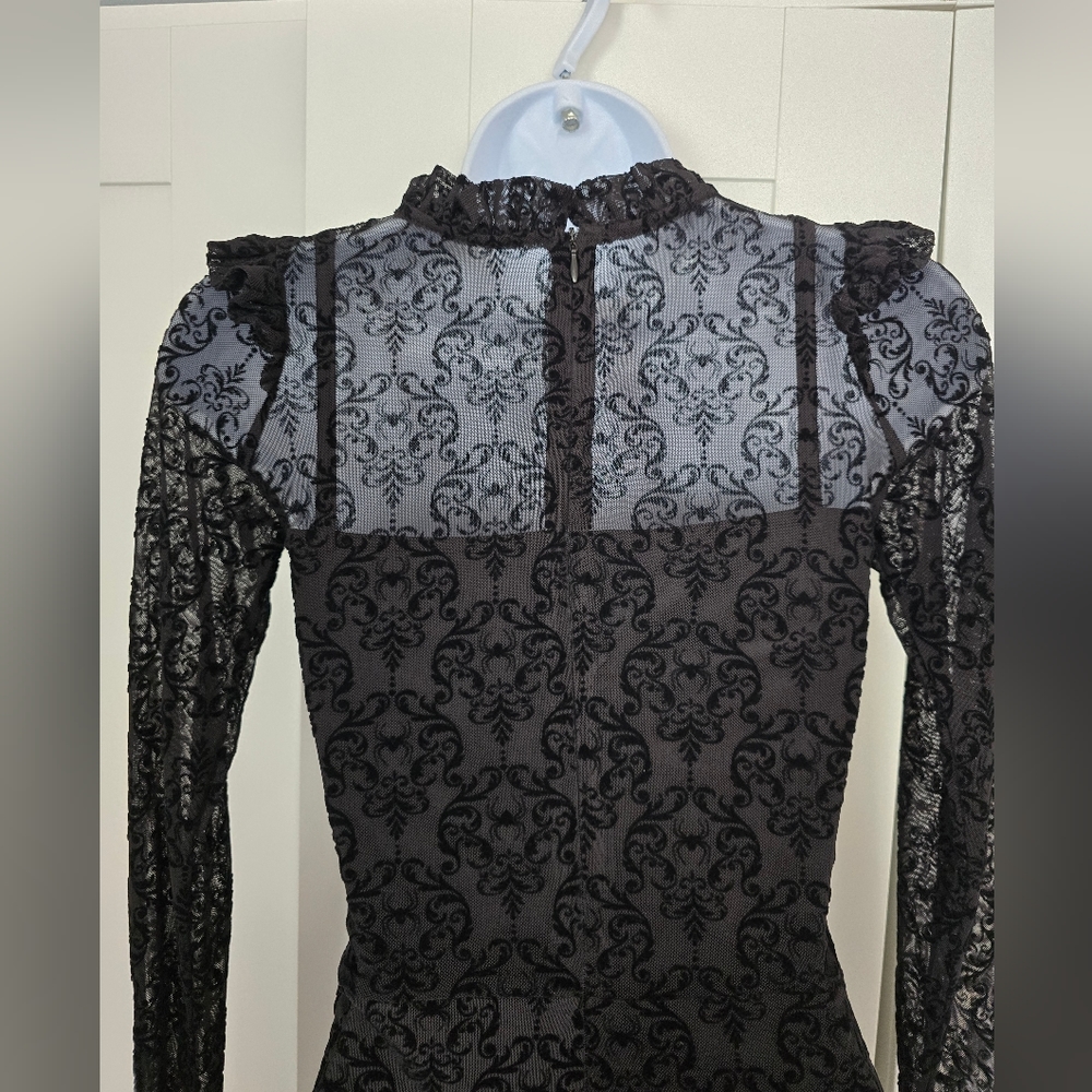 NWT Rare Disturbia Delena Flared Jumpsuit Goth Sheer Flocked Spider Ruffle XS - Picture 11 of 16